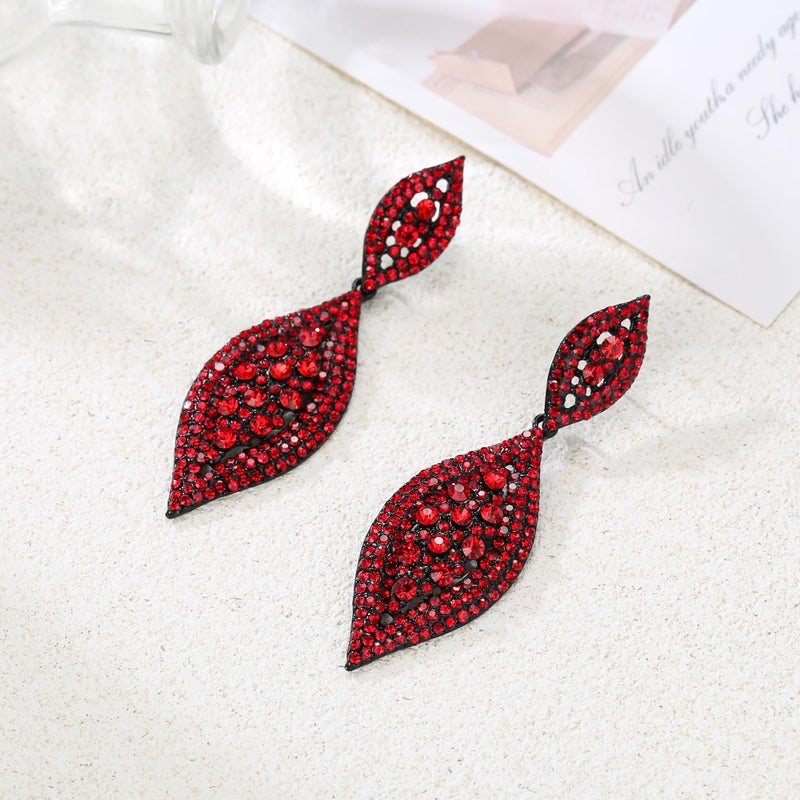 Flyonce Women's Rhinestone Crystal Wedding Bridal 2 Leaf Drop Dangle Chandelier Earrings Large Big Long Statement Earring Jewelry for Cocktail Prom Party Red Black-Tone 3.3" - Image 5